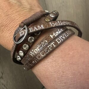 Good Works Brown Leather Wrap Bracelet Womens 7 Inch Crystal Inspirational Love